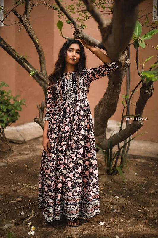 Black Semi Linen Floral Maxi Dress