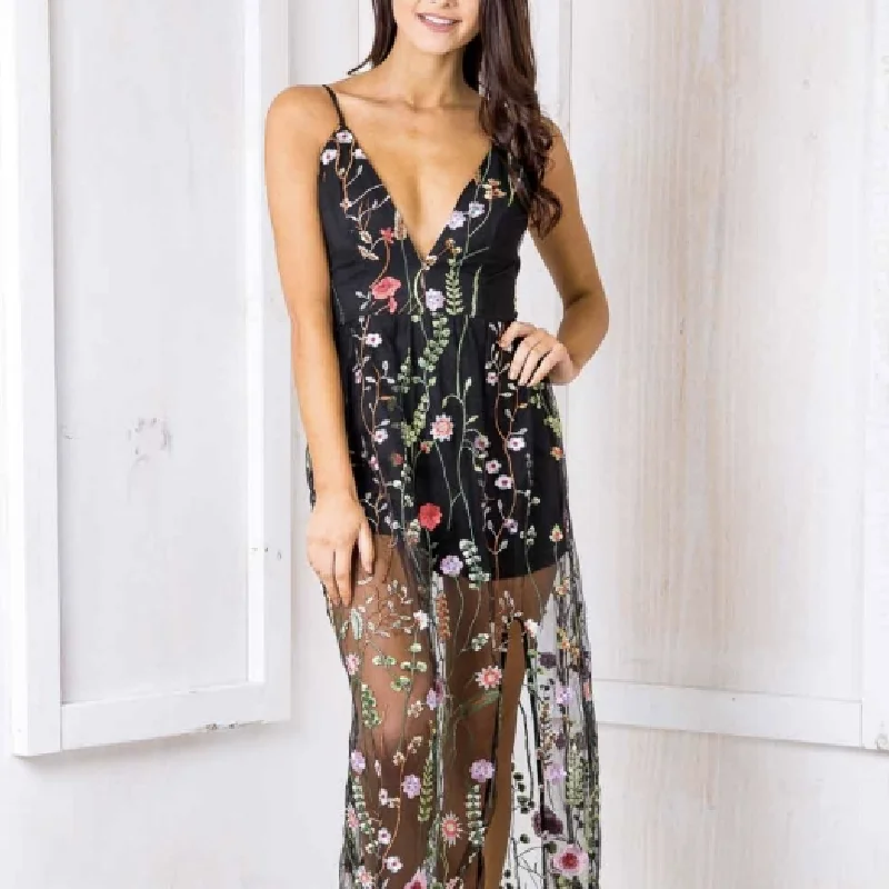 Enchanted Evening Embroidered Lace Maxi Dress in Black