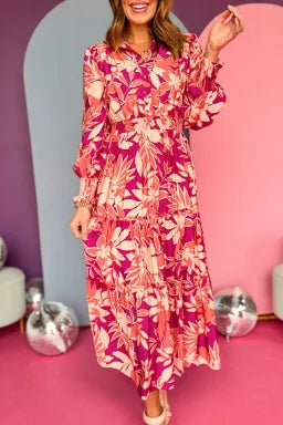 Floral Print Buttoned Smocked Maxi Dress