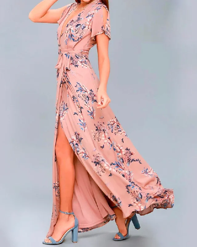 Floral Print Surplice Maxi Dress in Mauve