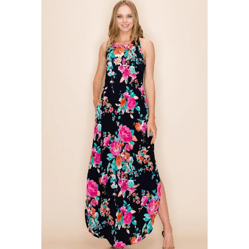 Floral Summer Sleeveless Maxi Dress with Slit