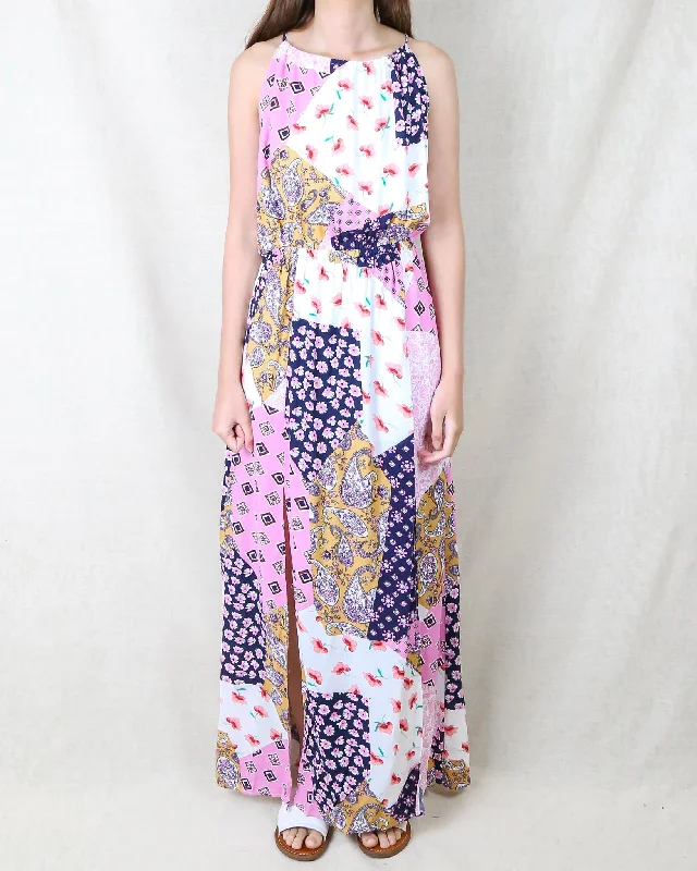 Get Like Floral Patchwork Maxi Dress in Navy/Pink