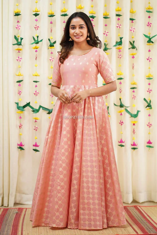 Peach Pink Semi Chanderi Maxi Dress