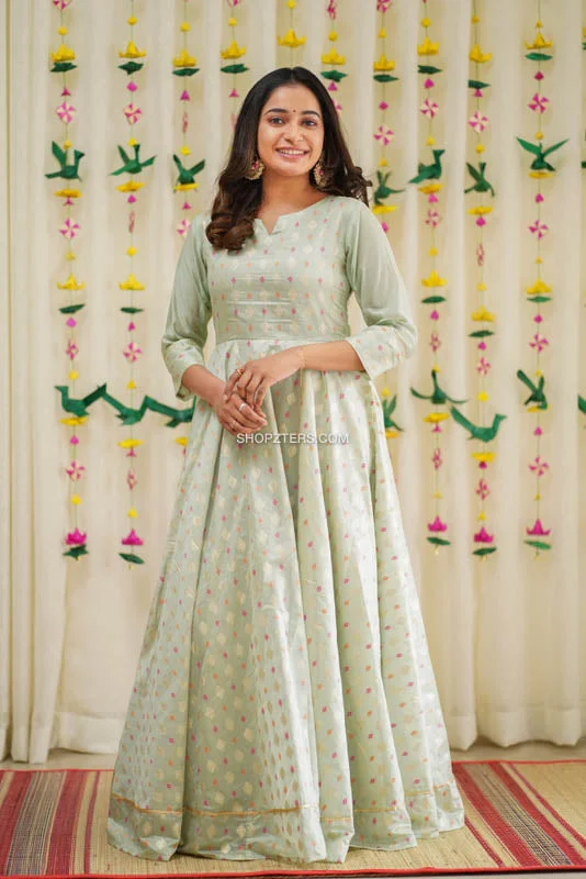 Pista Green Semi Chanderi Maxi Dress