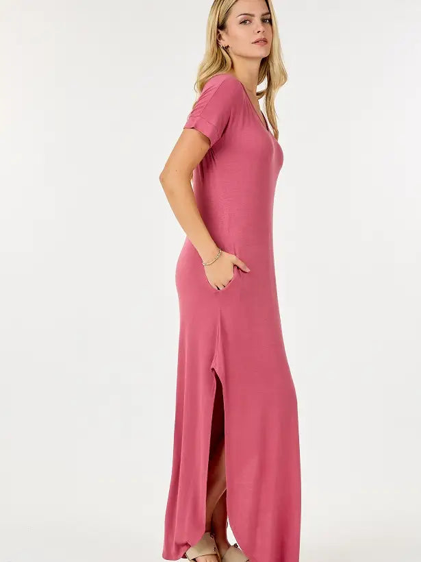 Short Sleeve Scoop Neck Maxi Dress with Side Slits