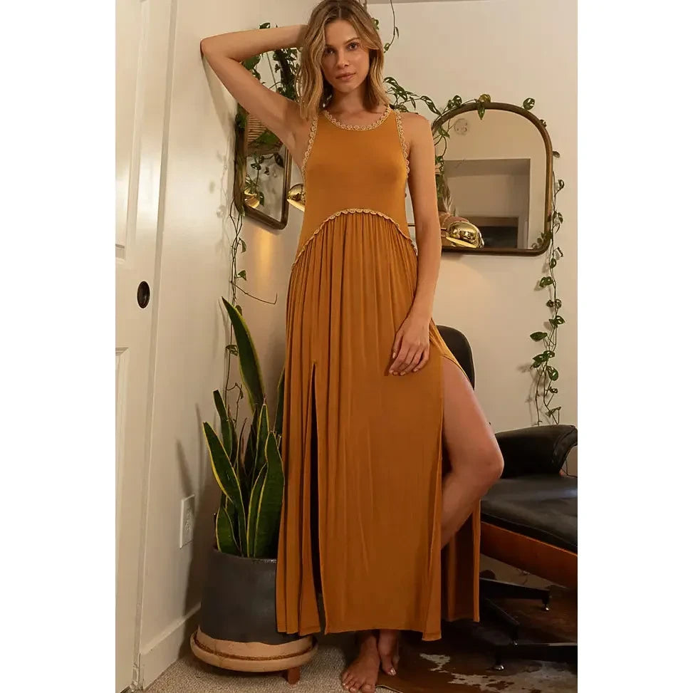 Sleeveless Racerback Back Zipper Front Slit Knit Maxi Dress, Toffee