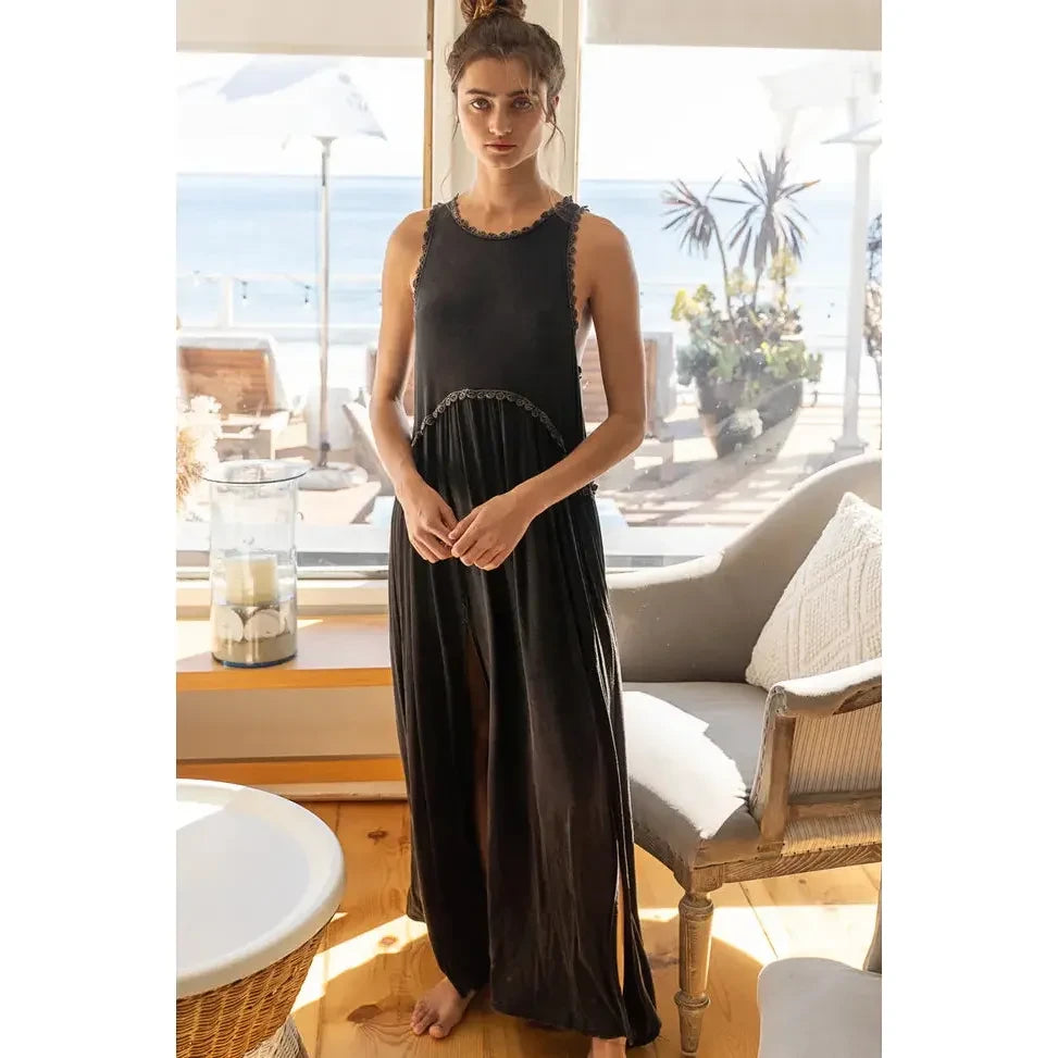 Sleeveless Racerback Back Zipper Front Slit Knit Maxi Dress, Black