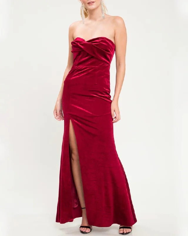 Twist Front Strapless Velvet Maxi Dress with Thigh High Slit in Burgundy