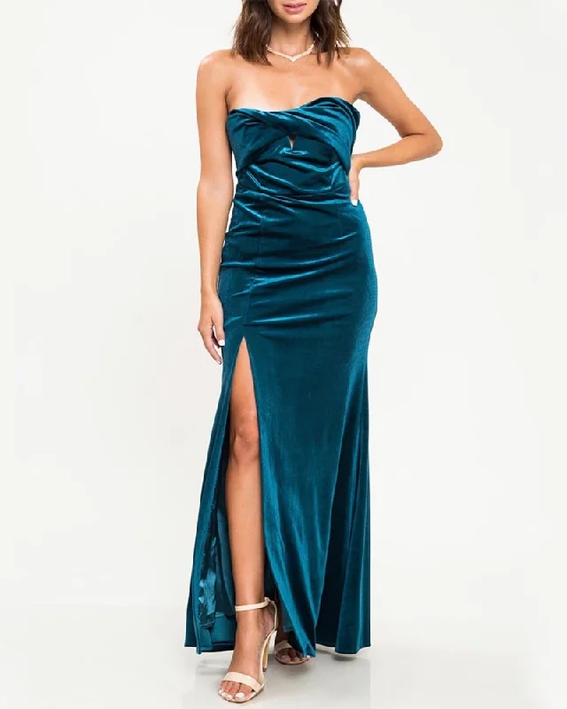 Final Sale - Twist Front Strapless Velvet Maxi Dress with Thigh High Slit in Teal