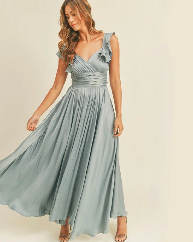 Wedding Guest Dress Satin Maxi Dress in Dusty Blue