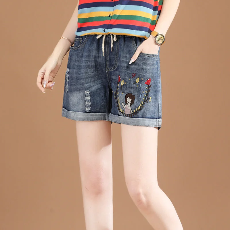 NiDELL Elastic Waist Loose Embroidery Harem Jeans Women's Retro Casual Shorts Women's Thin Pt7154