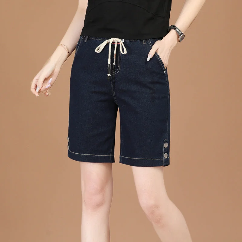 NiDELL Elastic Waist Straight Fifth Jeans Women's . Summer New High Waist Wide Leg Loose Shorts Women's Pt2180