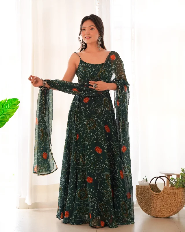 Bandhej Green Chiffon Printed Gown With Pant & Dupatta Set