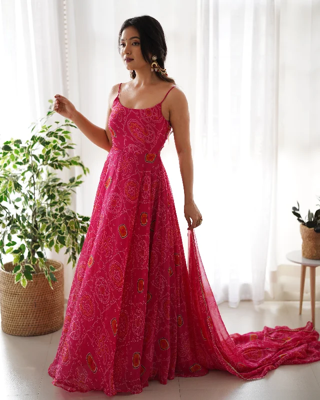 Bandhej Pink Chiffon Printed Gown With Pant & Dupatta Set