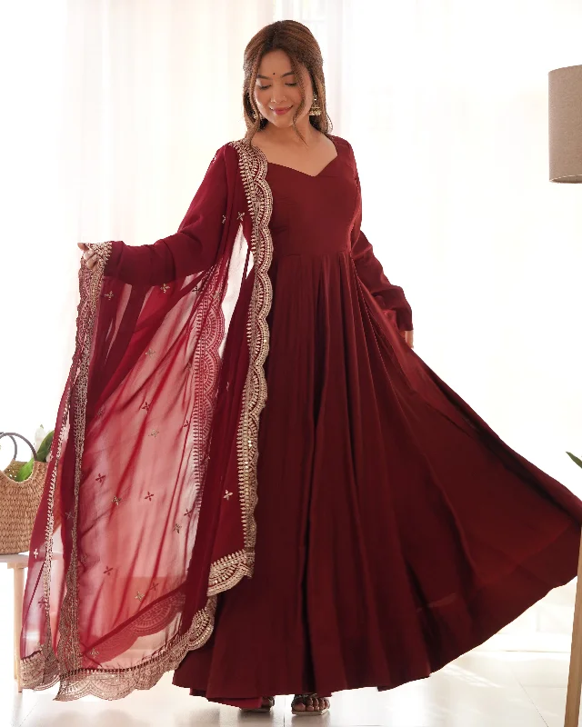 Chanderi Silk Maroon Anarkali Gown With Pant & Dupatta Set