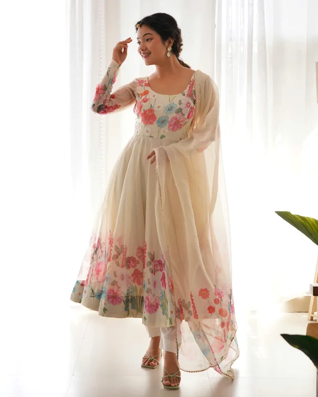 Cream Flower Printed Anarkali Gown With Pant & Dupatta Set