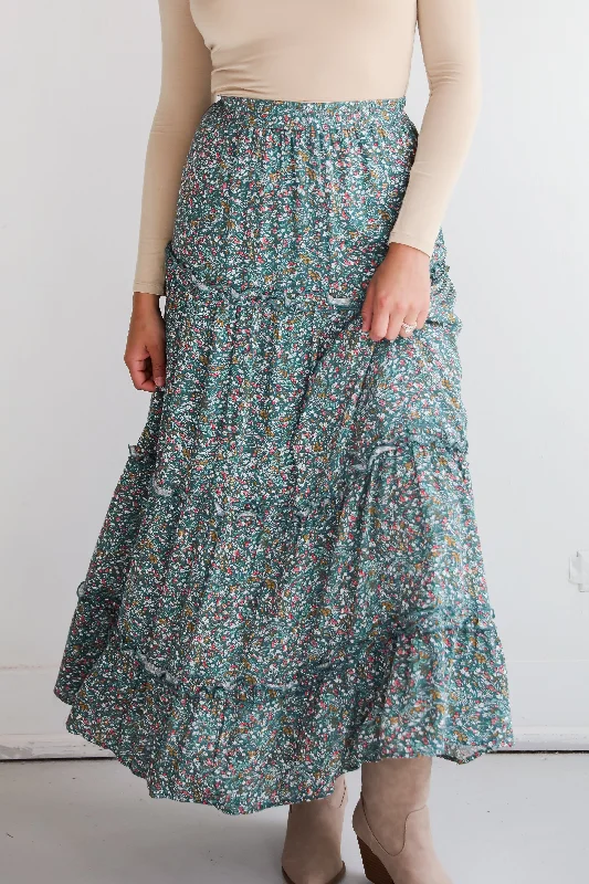 FINAL SALE - Feeling So Sweet Teal Floral Tiered Maxi Skirt