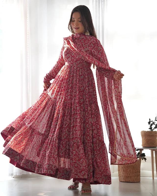 Layered Maroon Printed Anarkali Gown With Pant & Dupatta Set