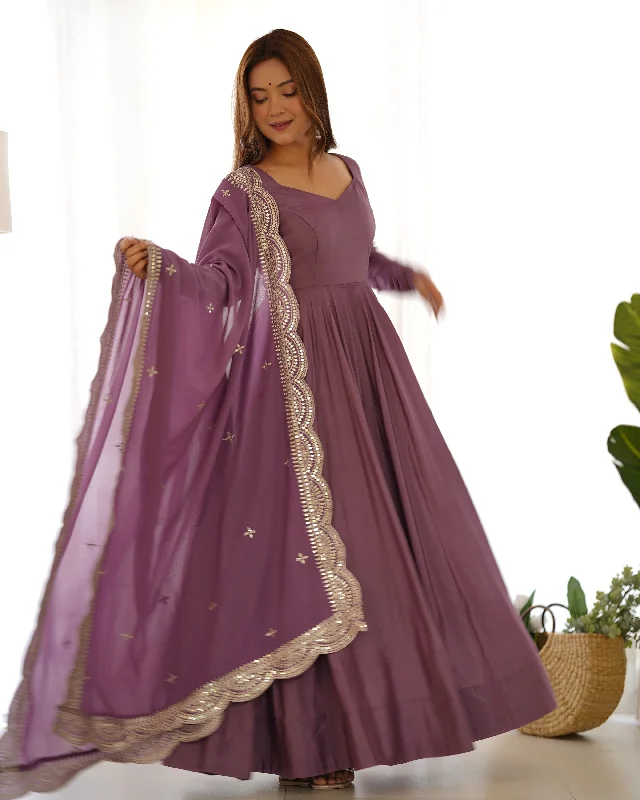 Mauve Chanderi Silk Anarkali Gown With Pant & Dupatta Set