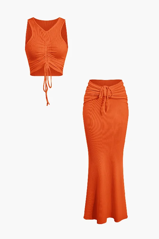 Ruched Drawstring Tank Top And Mermaid Maxi Skirt Set