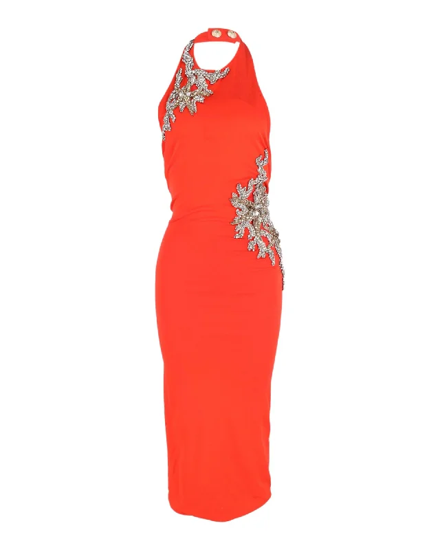 Crystal-Embellished Halter Neck Gown in Orange Viscose