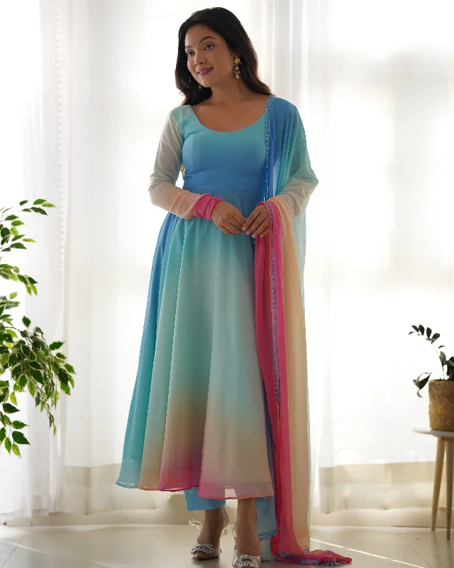 Sky Colored Organza Anarkali Gown With Pant & Dupatta Set