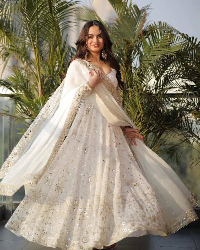 White Fancy Style Designer Anarkali Gown With Pant & Dupatta Set