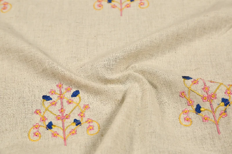 Beige Motifs Embroidered Cotton Flax Fabric