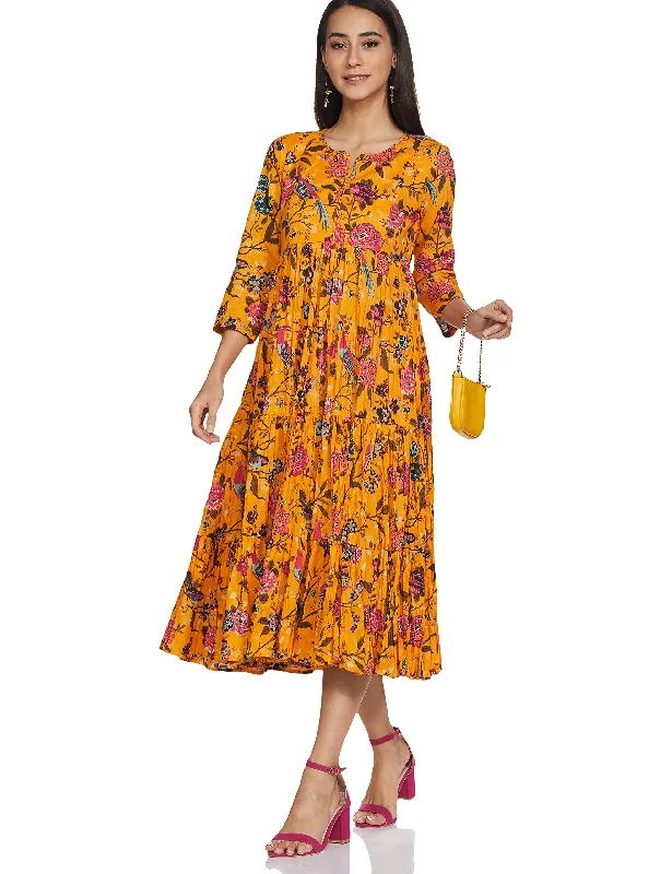 BIBA Women's Cotton Fit and Flare Below The Knee Dress (Casual Mustard)