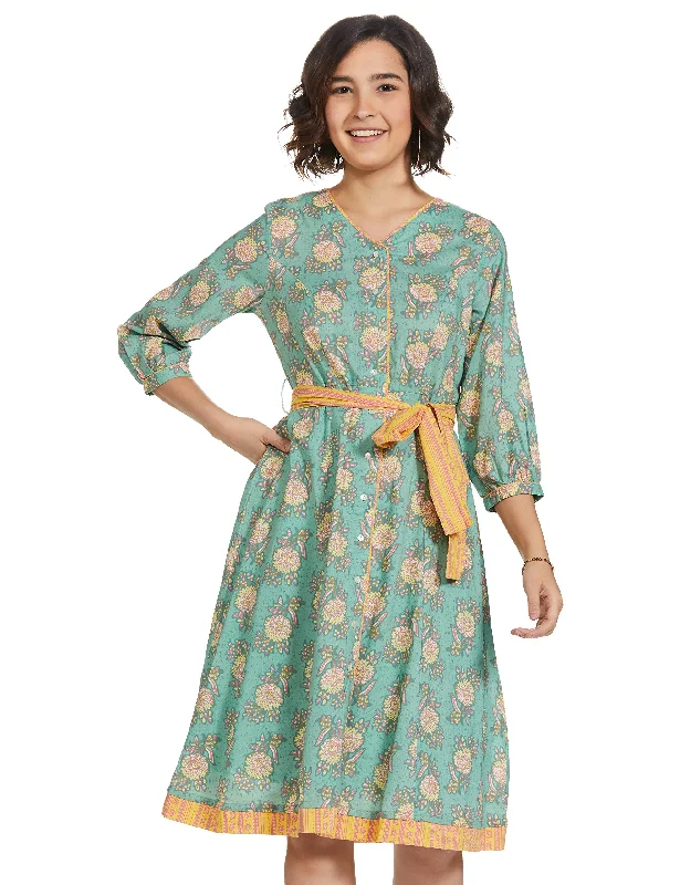 global desi Cotton a-line Dress (Sage Green)