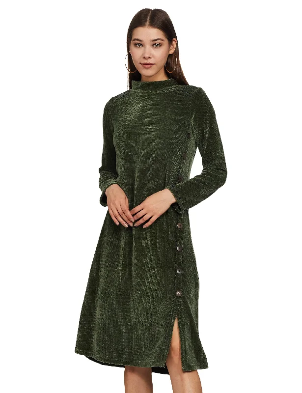 Global Desi Women's Polyester A-Line Regular Length Dress (Olive)