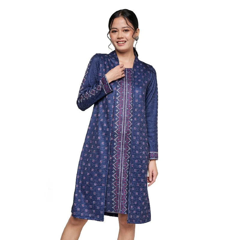 Global Desi Women's Polyester Straight Knee Length Dress (Blue)