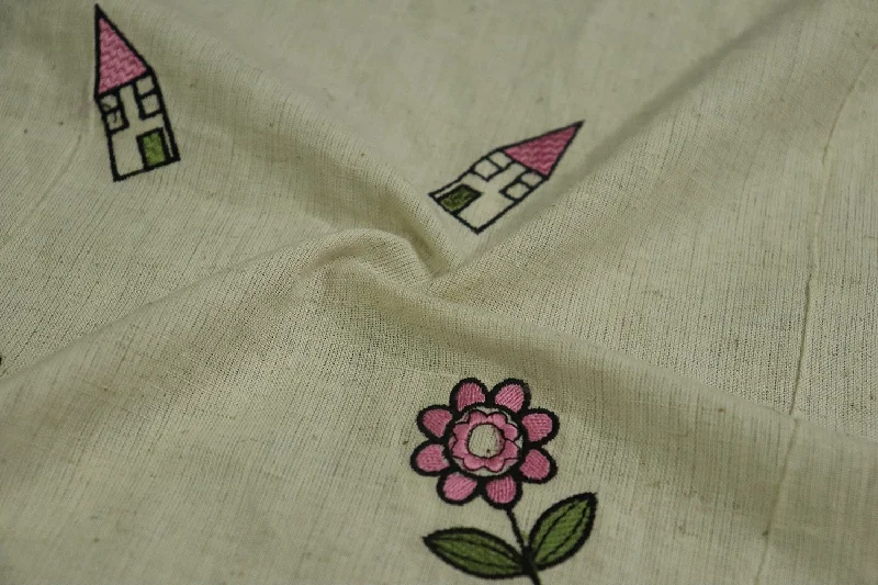 Natural Beige & Pink Quirky Cotton Flax Fabric