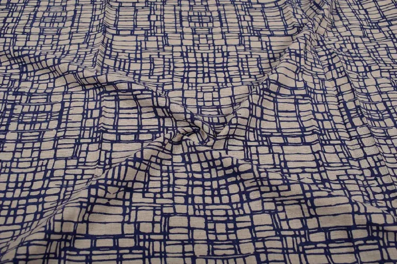 Off White & Blue Abstract Cotton Flex Fabric