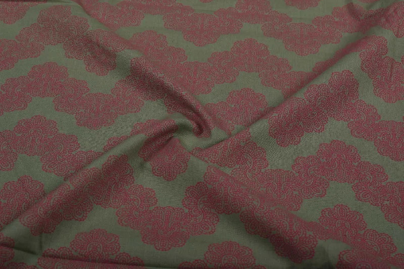 Olive Green & Pink Chevron Cotton Flax Fabric