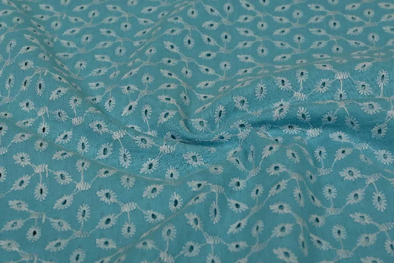 Sky Blue Traditional Embroidered Cotton Chikankari Fabric