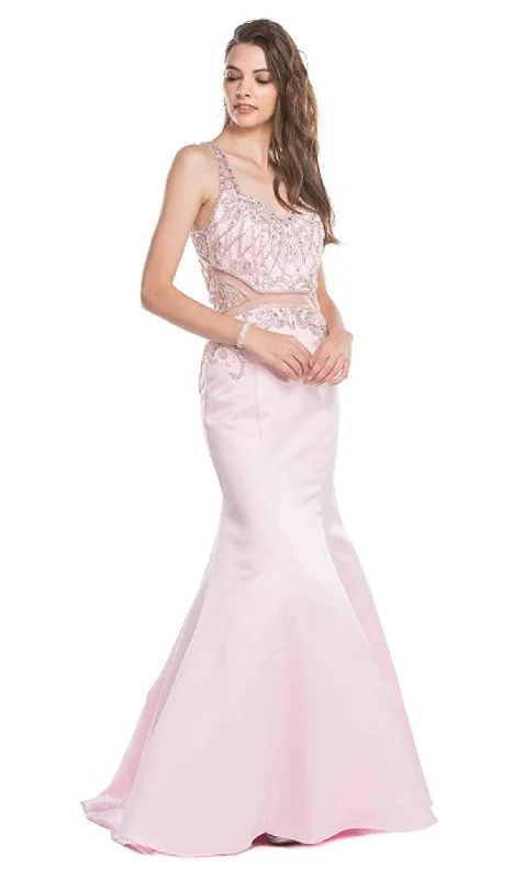 Trevi Collection - Bejeweled V-neck Mermaid Prom Dress