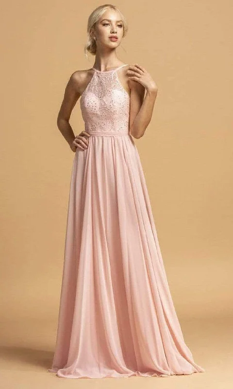 Trevi Collection - L2105 Embellished Halter Neck Chiffon Dress