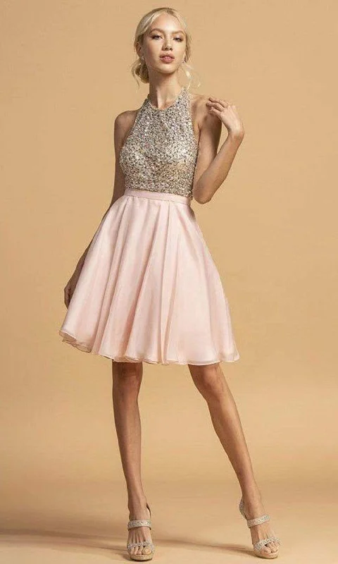 Trevi Collection - S2140 Beaded Halter A-Line Dress