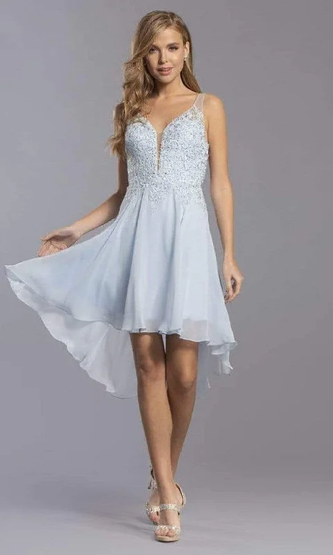 Trevi Collection - S2336 V Neck Embroidered High Low Dress