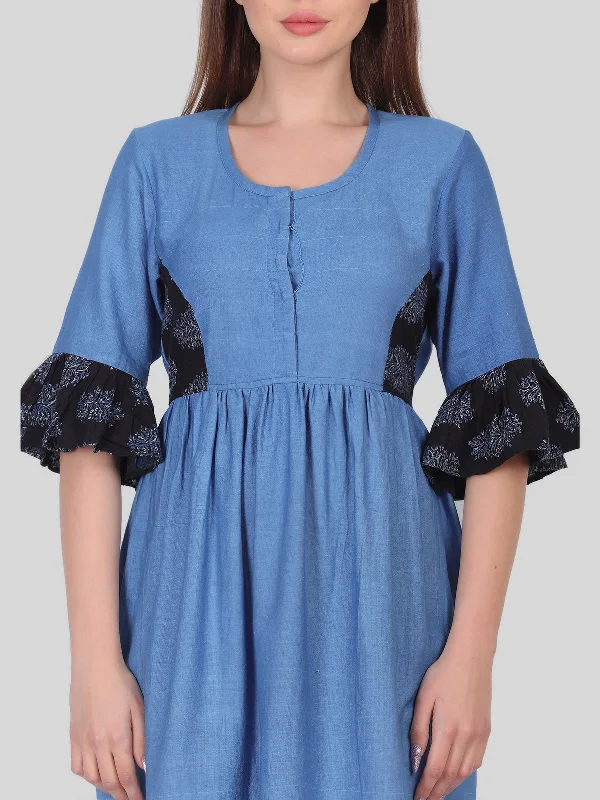 Block Printed Khadi Cotton Dress Indigo