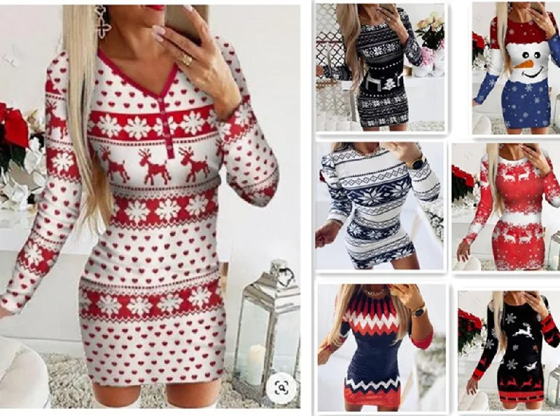 Christmas Elements Digital Positioning Printed Long Sleeve Slim Dress