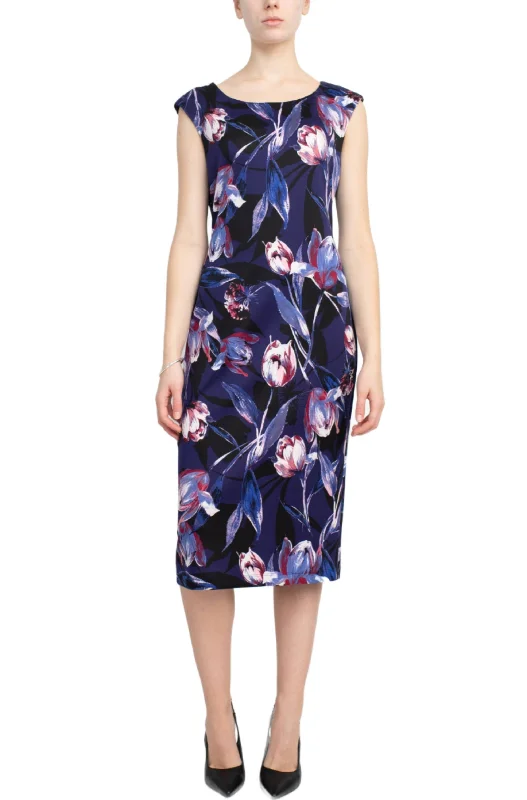 Connected Apparel Scoop Neck Cap Sleeve Zipper Back Floral Print Scuba Dress