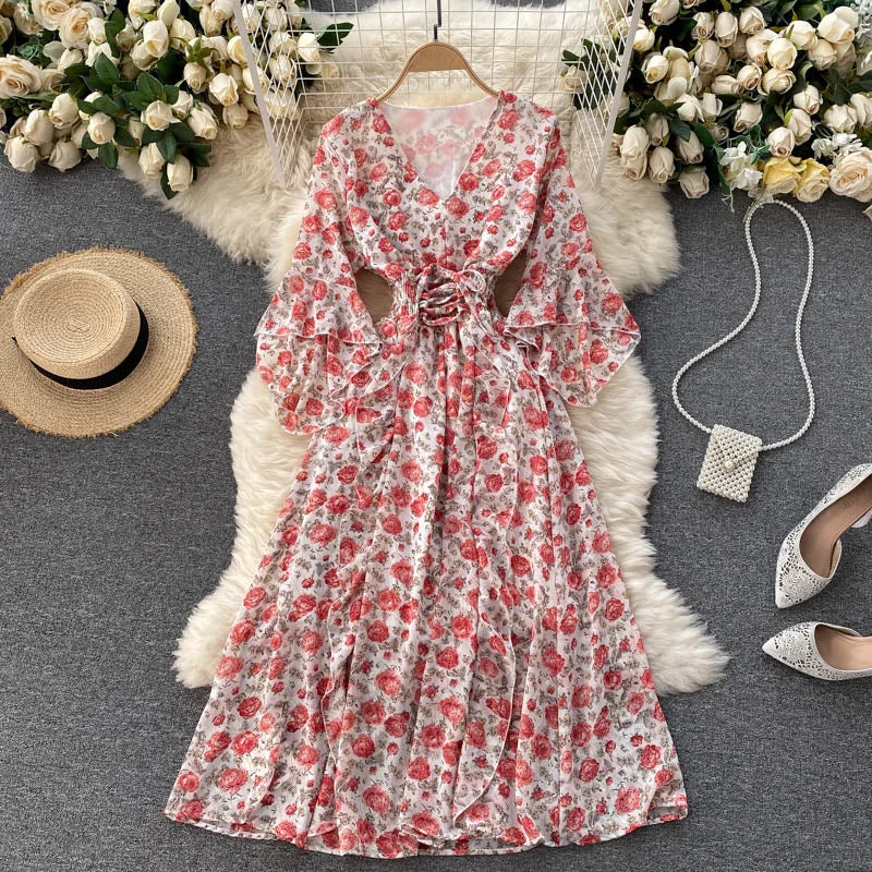 Cute v neck floral dress A line fashion dress  501