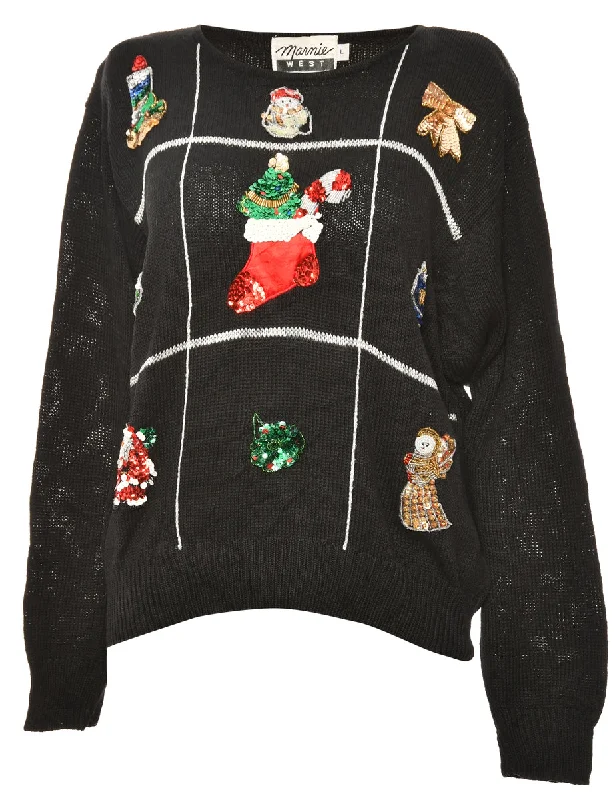 Festive Print Black Christmas Jumper - L