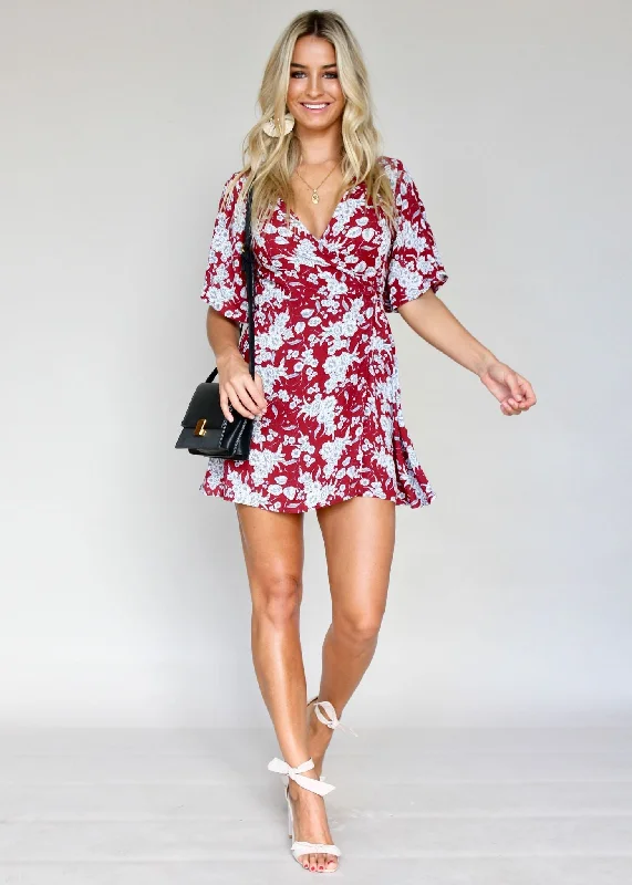 Gone Girl Wrap Dress - Maroon Floral