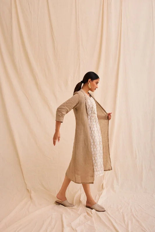 Handblock Printed Dress With Linen Overlay