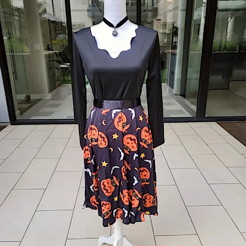 Little Black Halloween Dress with Pumpkin Pattern & Ribbon Belt