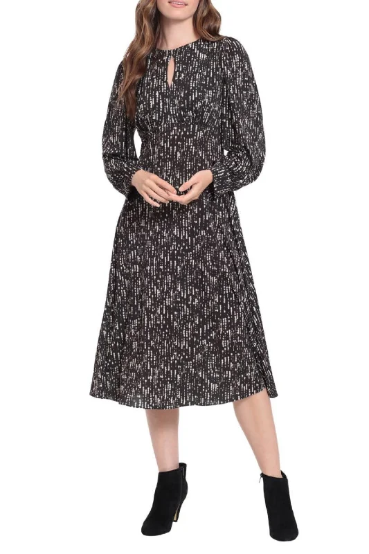 London Times Crew Neck Keyhole Front Long Sleeve A-line Multi Print Matte Jersey Dress