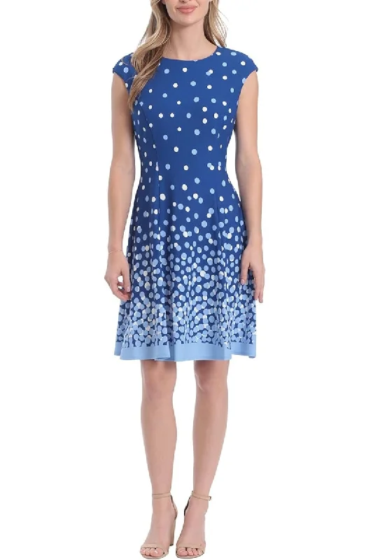 London Times Crew Neck Cap sleeve Zipper Back A-Line Polka Dot Print Scuba Short Dress